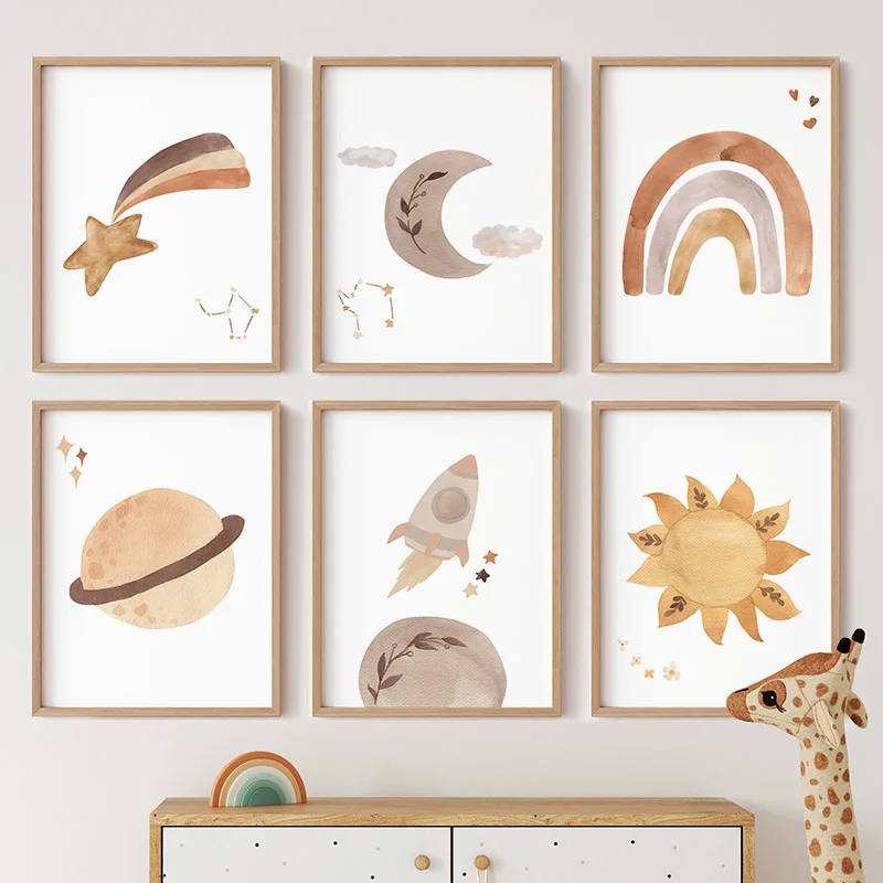 Baby Nursery Murals - Affiches sur toile Aquarelle Arc-en-ciel Soleil