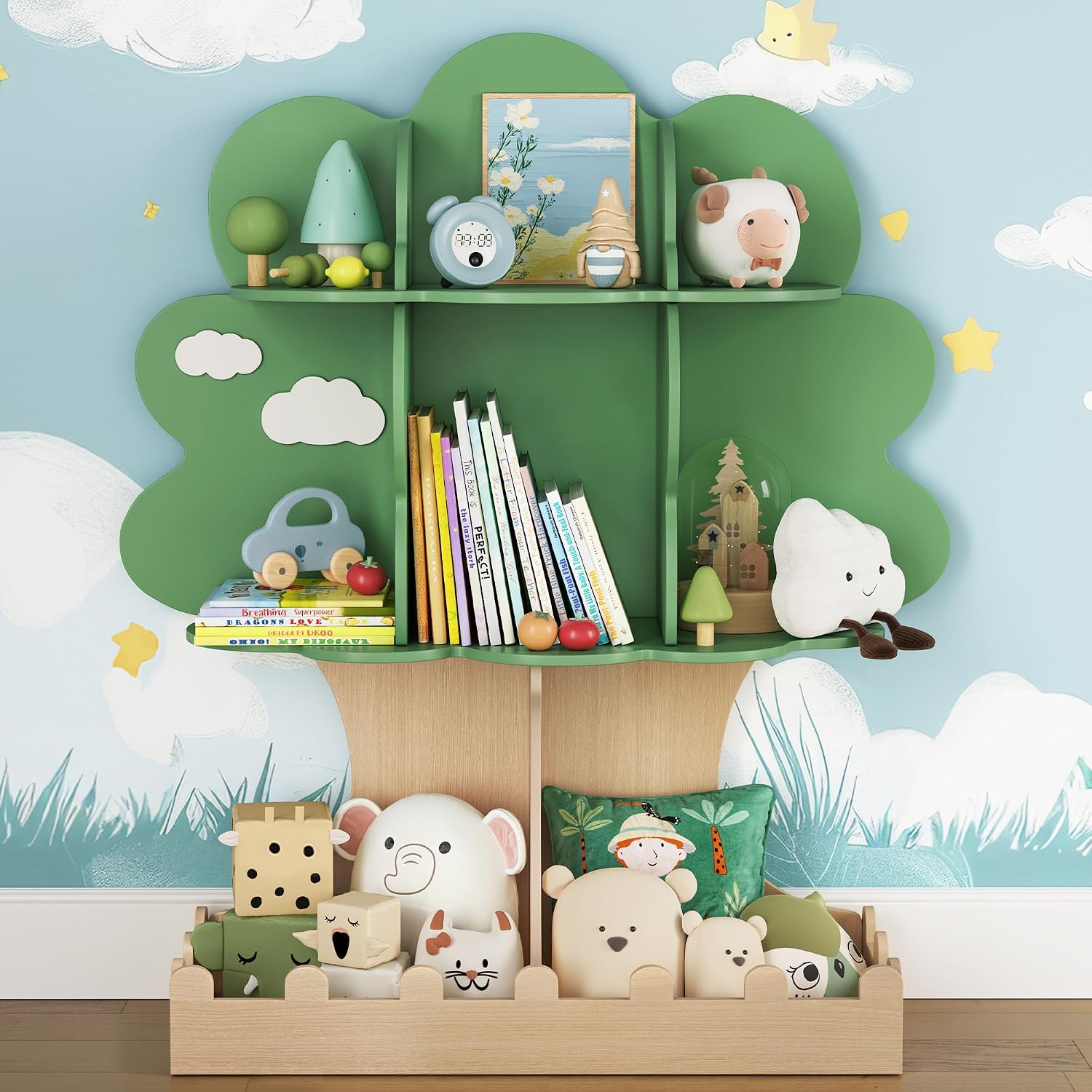 Baby Nursery Green - Étagère à livres en bois Montessori